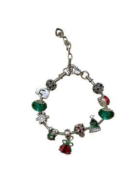 Christmas Charm Bracelet 8 Inch Adjustable Red Green Murano Glass Crystal